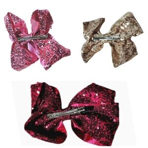 Set of 3 Sequin Hair Bow Barrettes – Light Pink Dark Pink Gold – 7" NWOT